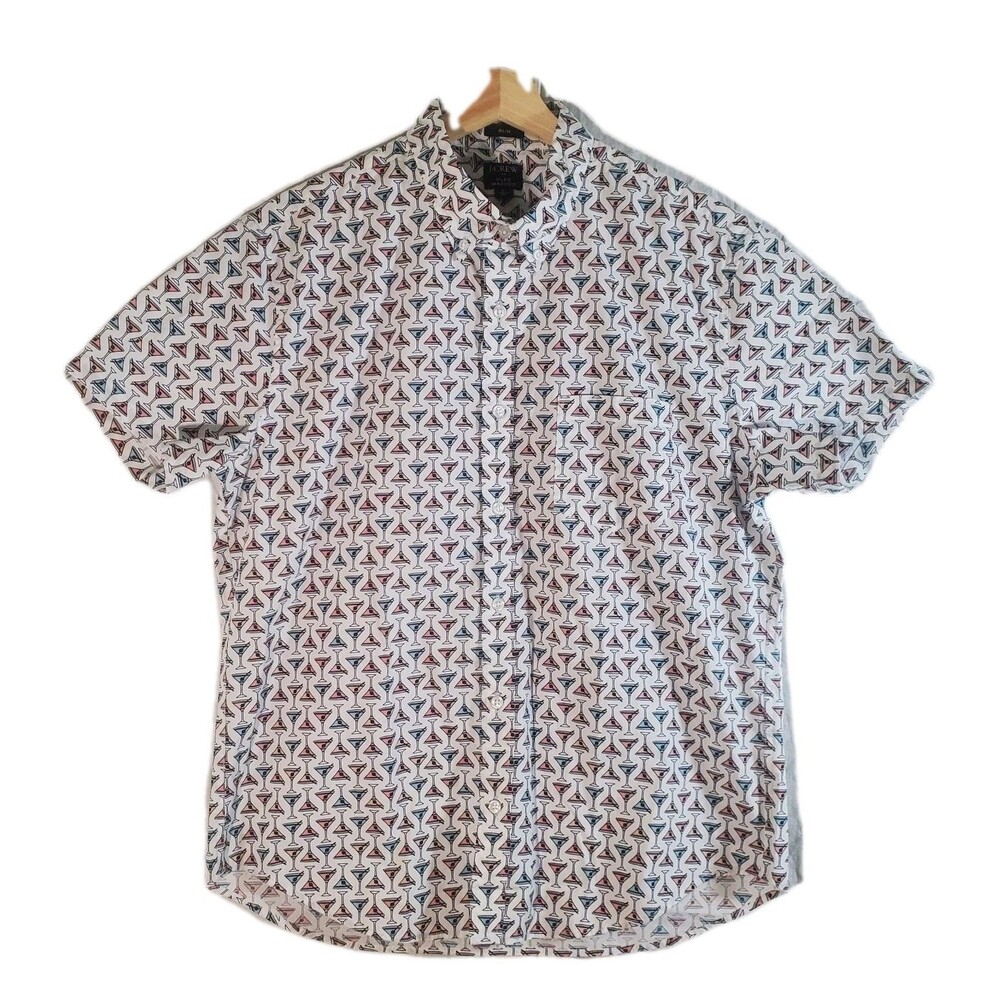 J Crew Martini Cocktail Slim Flex Washed‎ Short Sleeve Fun Preppy Shirt men L